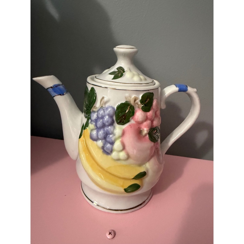 Vintage Ceramic Fruit Relief Teapot White Gold Trim Bananas Grapes Cottagecore